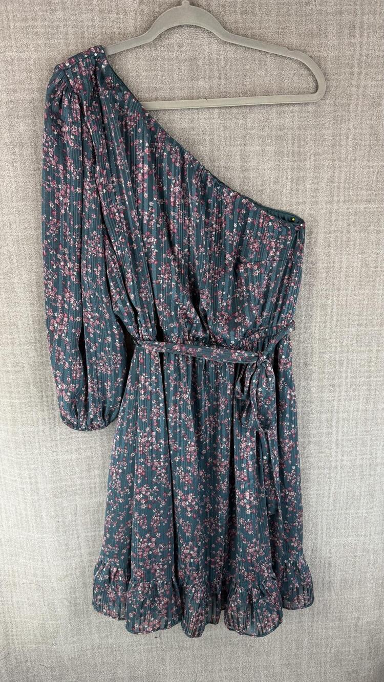 Lane Bryant Dress Womens 16 Green One Shoulder Floral Chiffon Lined Ruffle